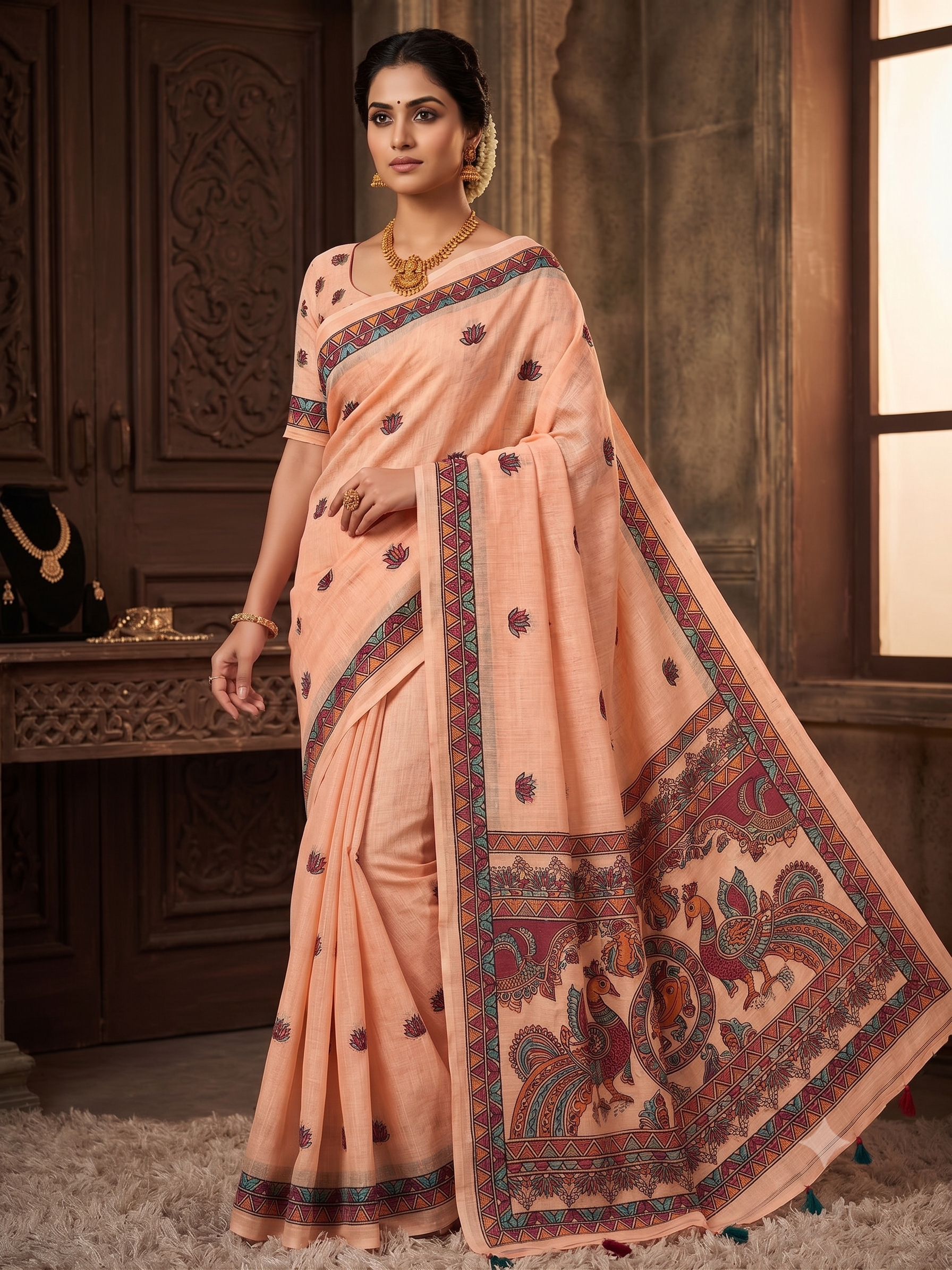Soft Linen Cotton Saree with Beautiful Madhubani Art Pallu & Sparkling Mirror Work