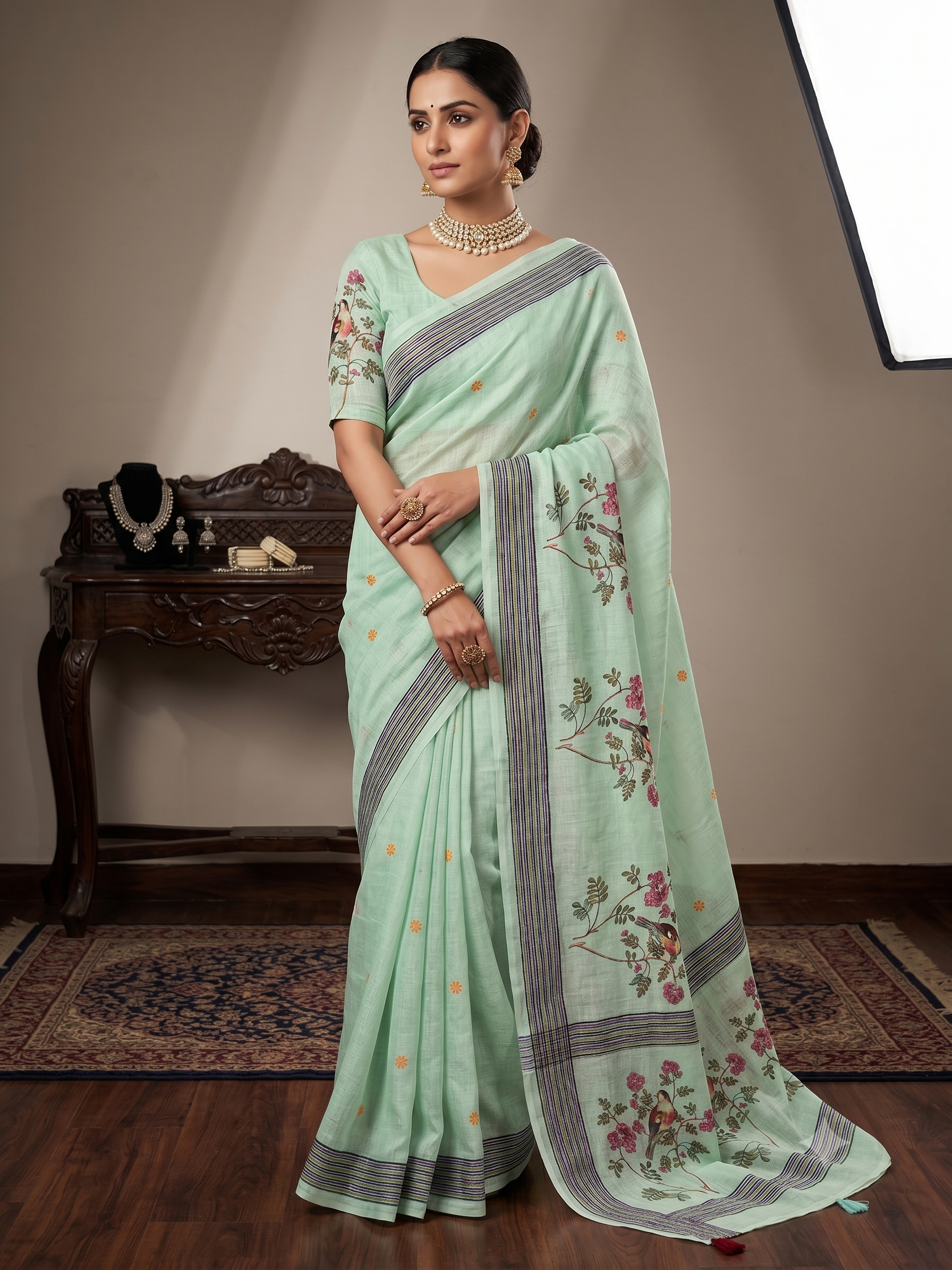 Mint Green Linen Cotton Digital Printed Saree with Mirror Work!!