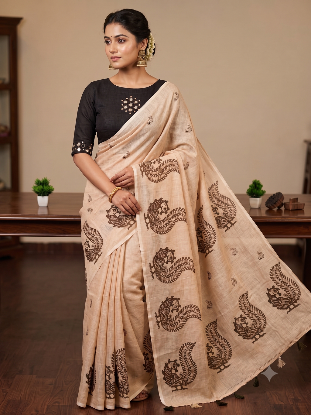 Beige Peacock Printed Linen Saree with Black Mirror Work Blouse