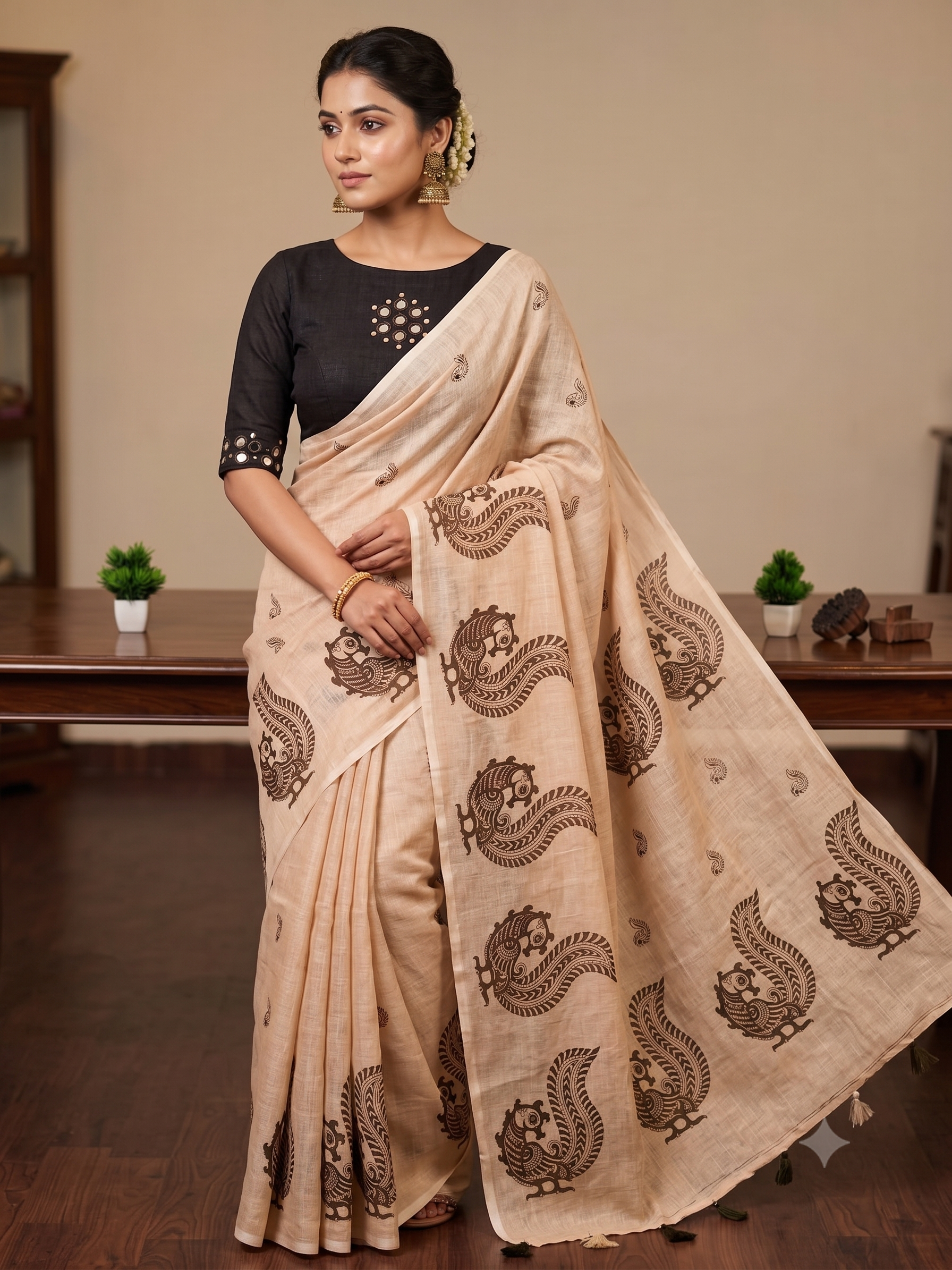 Beige Peacock Printed Linen Saree with Black Mirror Work Blouse