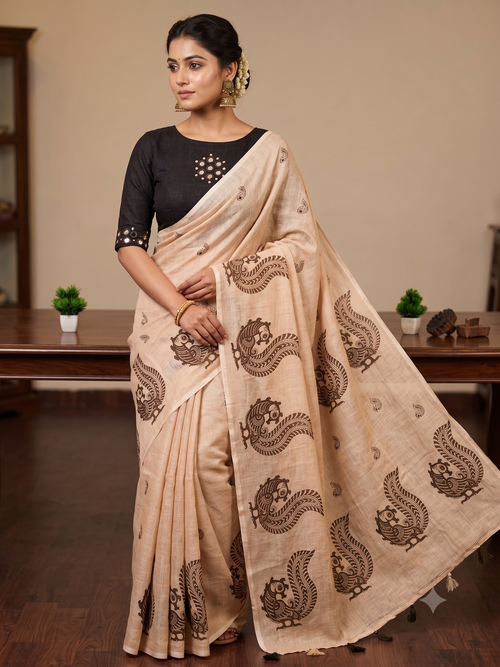 Beige Peacock Printed Linen Saree with Black Mirror Work Blouse