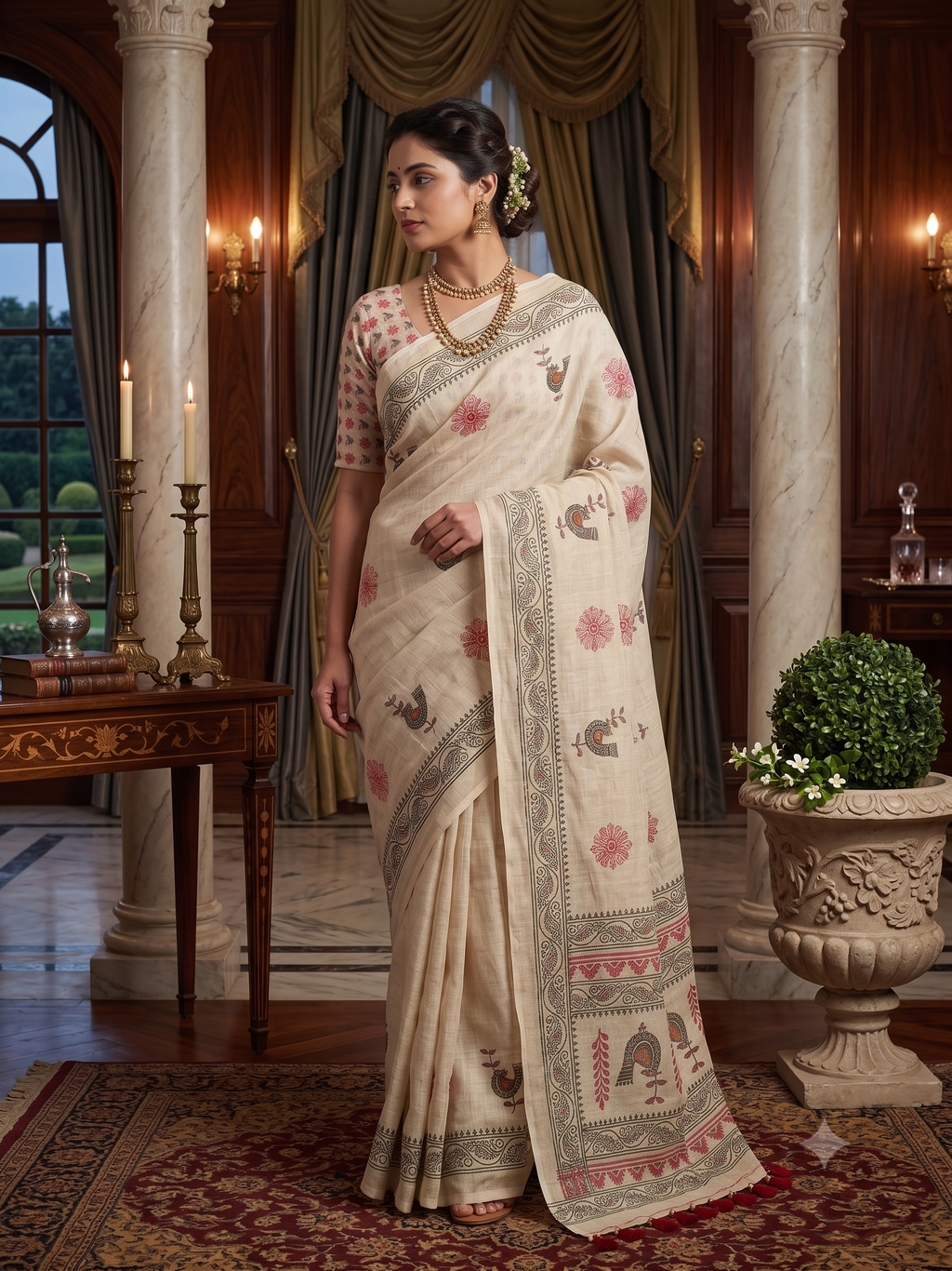traditional Off-White Linen Saree with Ethnic Bird Print & Tassels