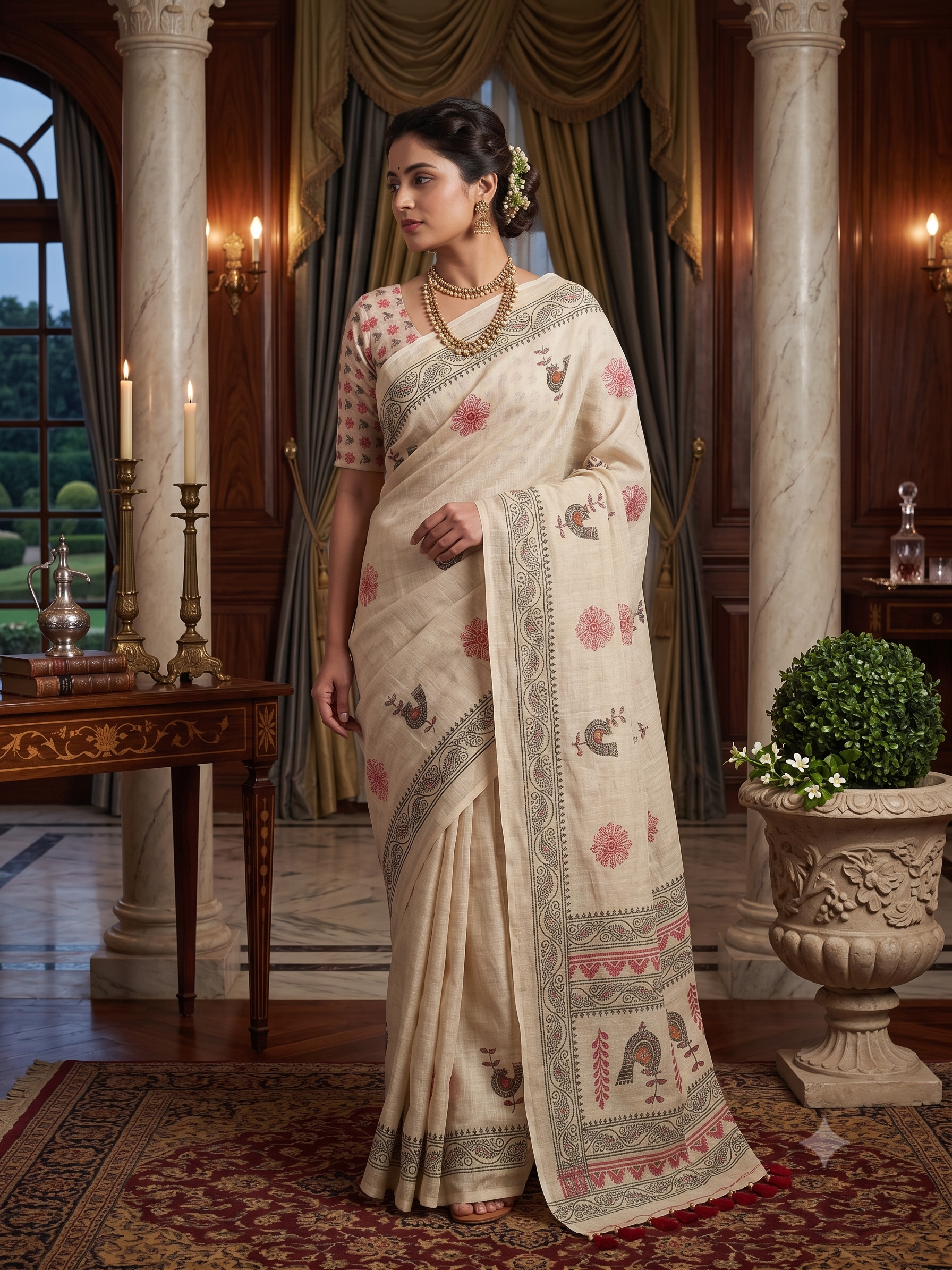 traditional Off-White Linen Saree with Ethnic Bird Print & Tassels
