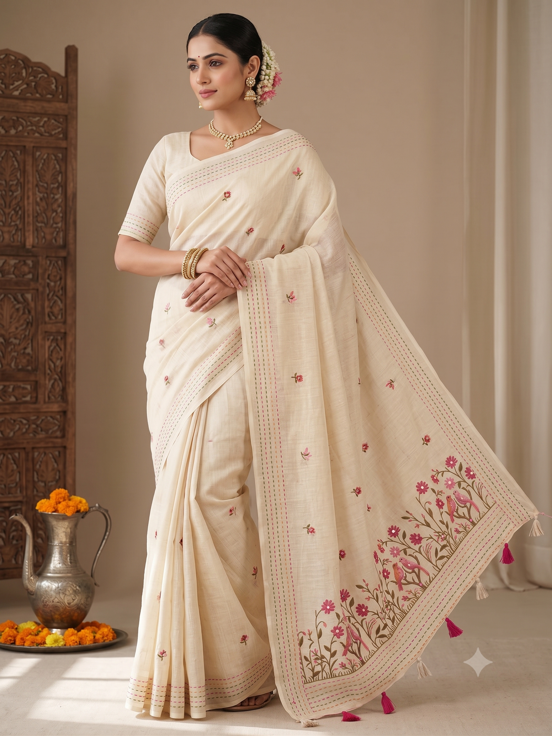 Cream Floral Mirror Work Digital Print Saree for Festive & Party Wear