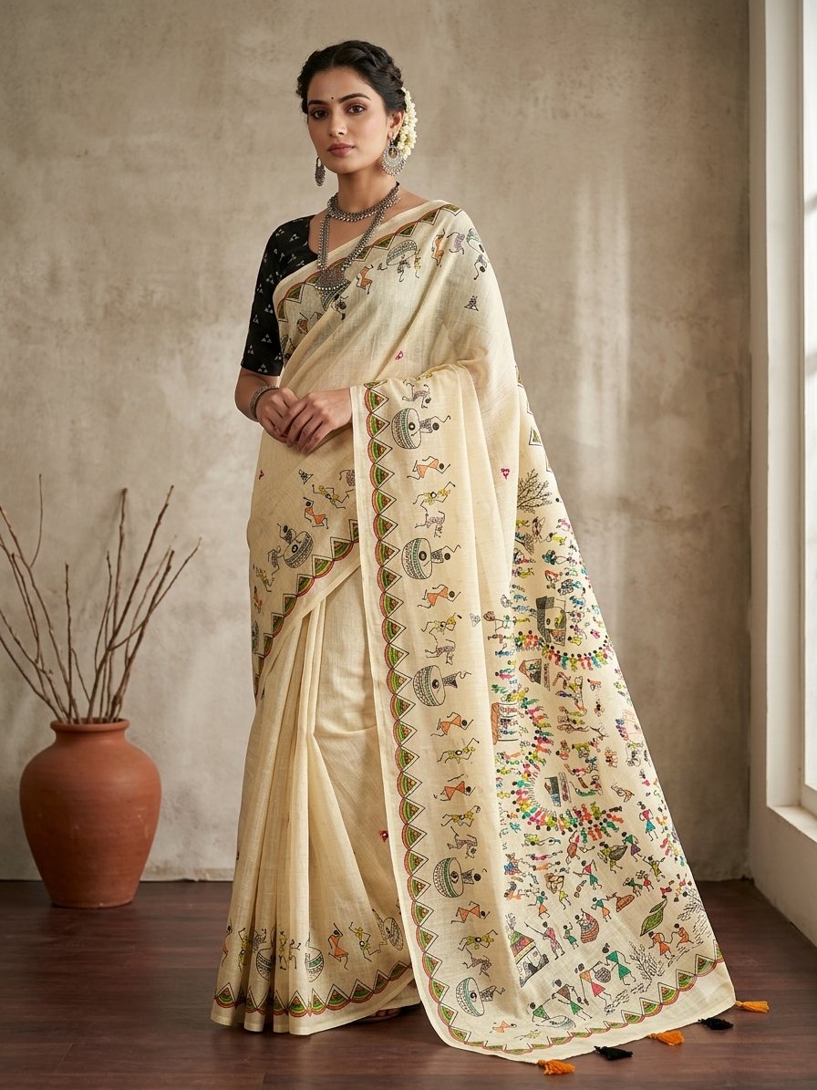 Heritage Cream Linen Saree with Vibrant Warli Art & Contrast Black Blouse