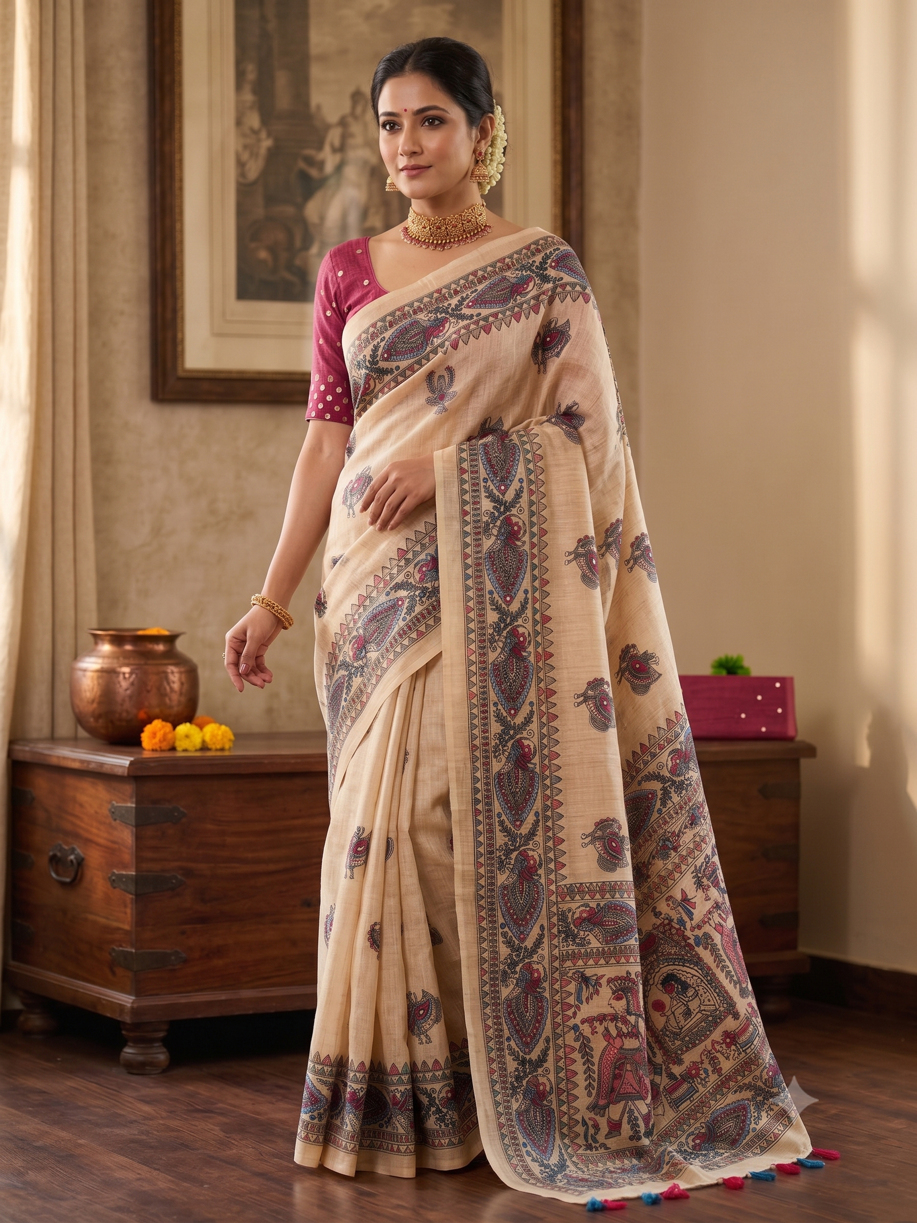 Soft Linen Cotton Saree in Beige featuring Royal Madhubani Artistry & Magenta Pink Blouse