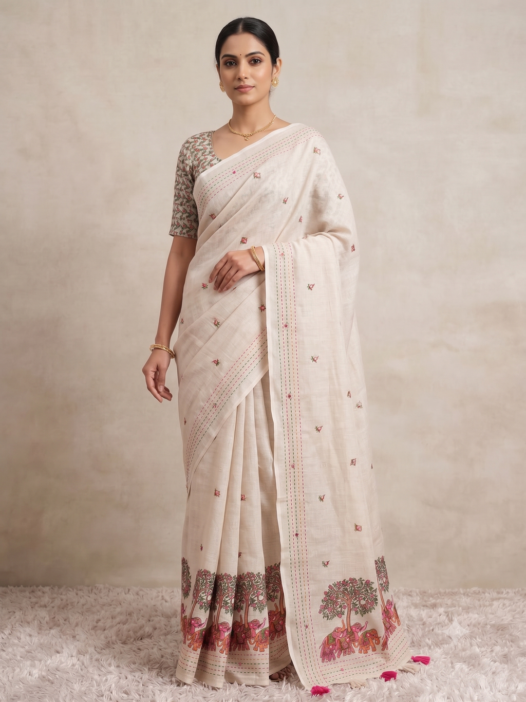 Women's Traditional Off-White Elephant Print Saree with Matching Blouse