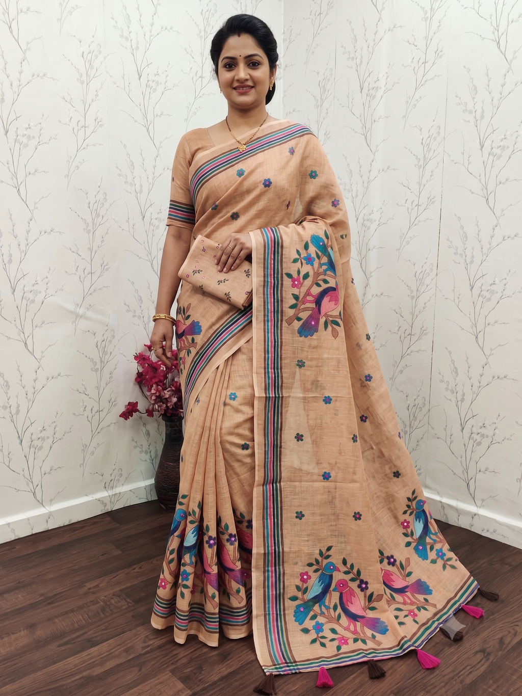Women's Premium Peach Cotton-Linen Saree – Beautiful Heritage Bird & Floral Art