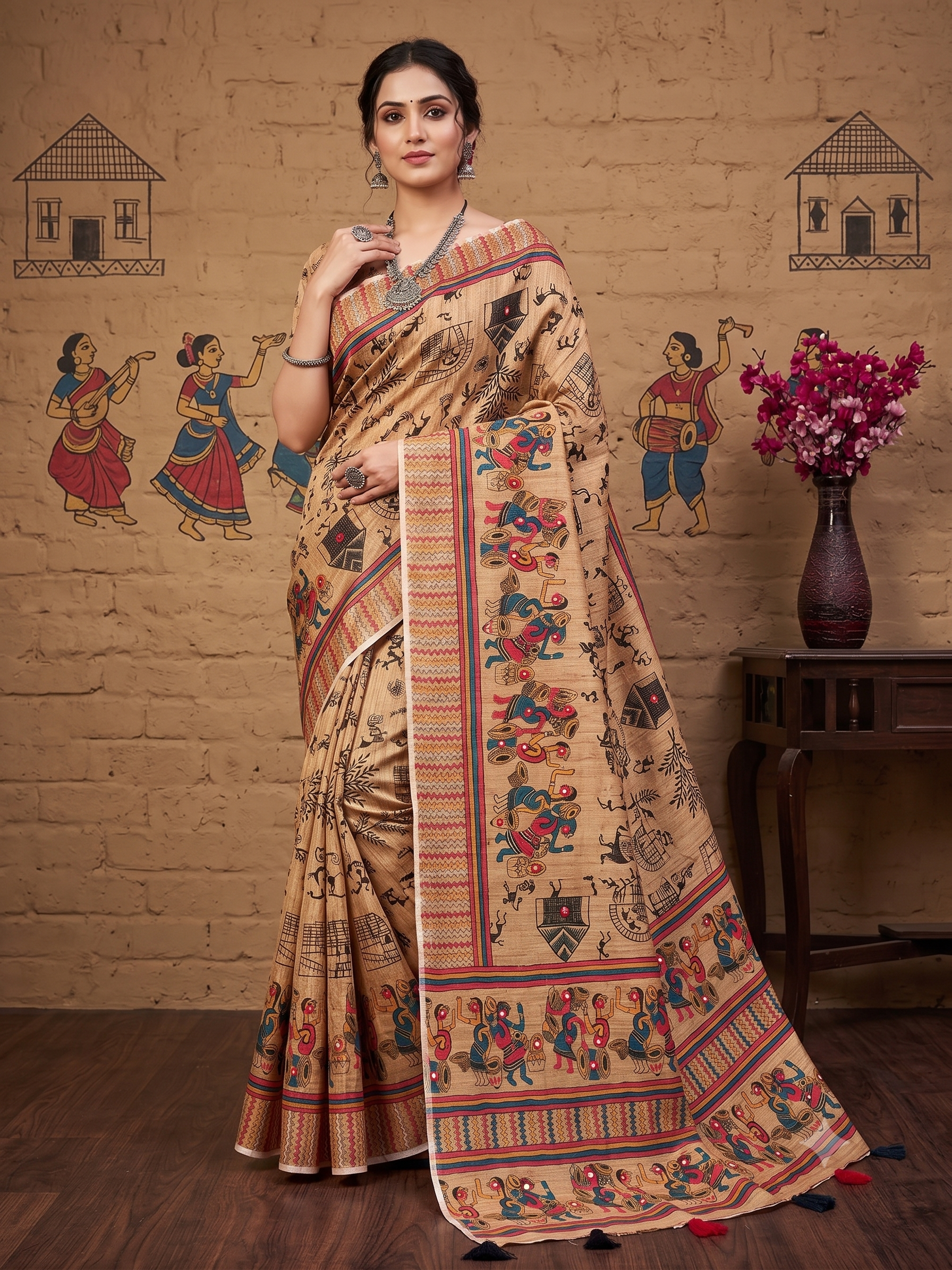 Handcrafted Heritage: Earthy Beige Folk Art Saree with Mirror Work