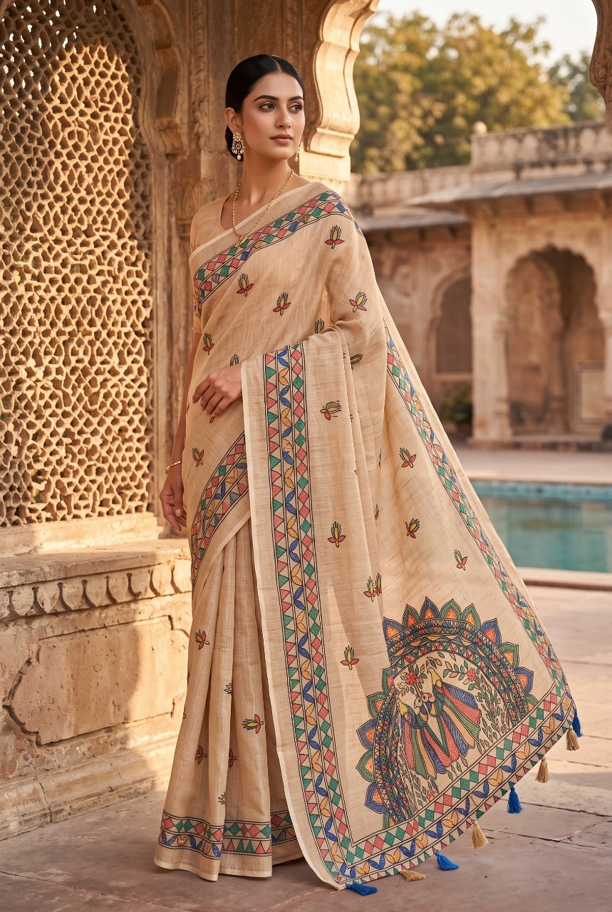 Beige Linen Cotton Saree with Beautiful Hand-Art Print ✨
