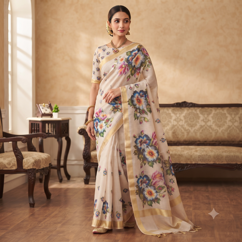 Elegant Beige Linen Cotton Saree with Vibrant Digital Floral Print and Real Mirror Work