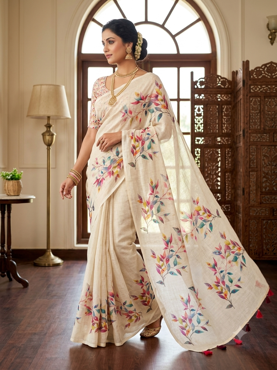 Off-White Linen Cotton Saree featuring Vibrant Watercolor Digital Leaf Prints and Mirror Accents