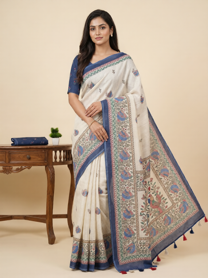 Modern Heritage Linen-Cotton Saree — Ivory & Indigo 🌾💙