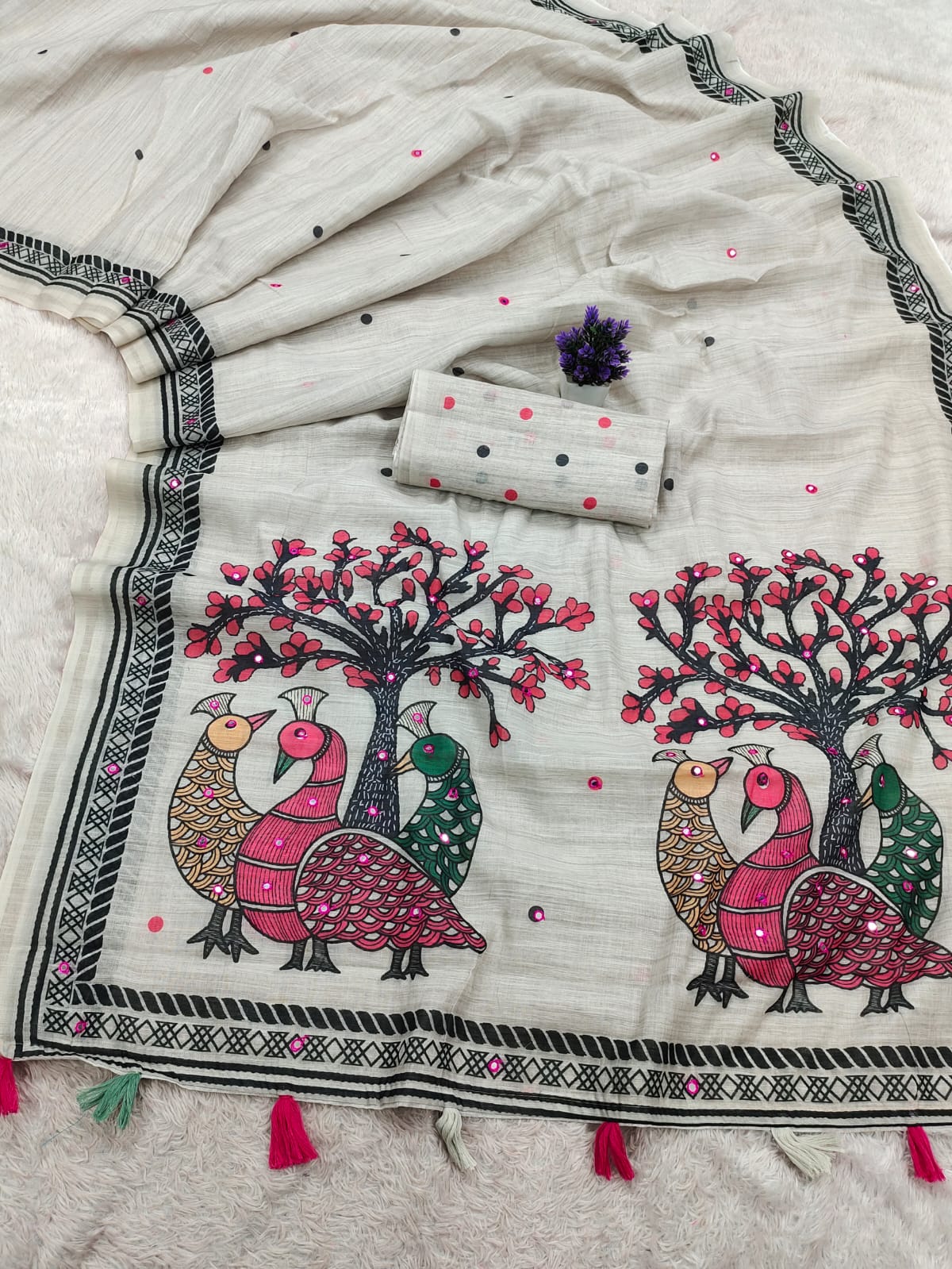 Madhubani Magic: Peacock Art Linen Cotton Saree