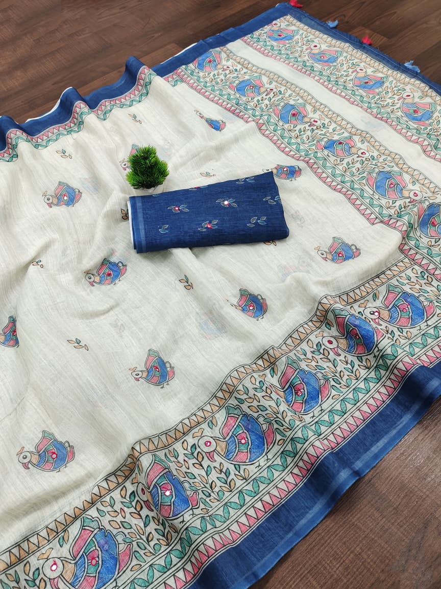 Modern Heritage Linen-Cotton Saree — Ivory & Indigo 🌾💙