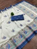 Modern Heritage Linen-Cotton Saree — Ivory & Indigo 🌾💙