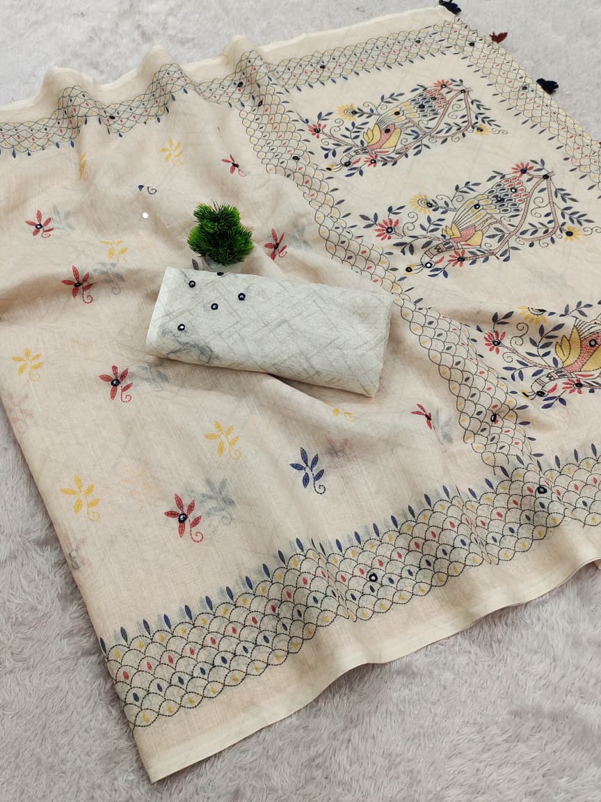 ✨Pure Grace: Off-White Linen-Cotton Saree with Traditional Madhubani-Inspired Digital Prints