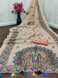 Beige Linen Cotton Saree with Beautiful Hand-Art Print ✨