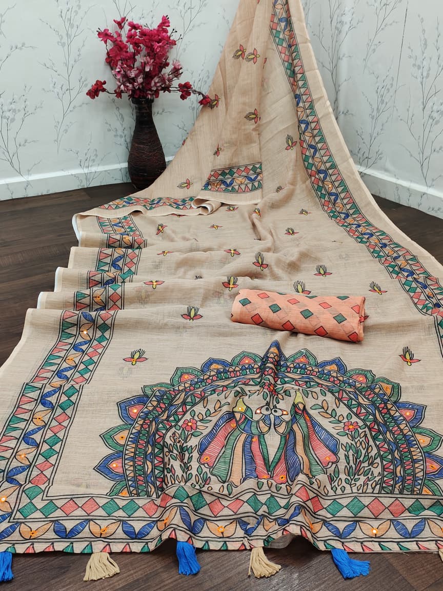 Beige Linen Cotton Saree with Beautiful Hand-Art Print ✨
