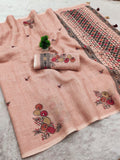 Premium Cotton Linen Saree with Geometric Pallu & Floral Bootis