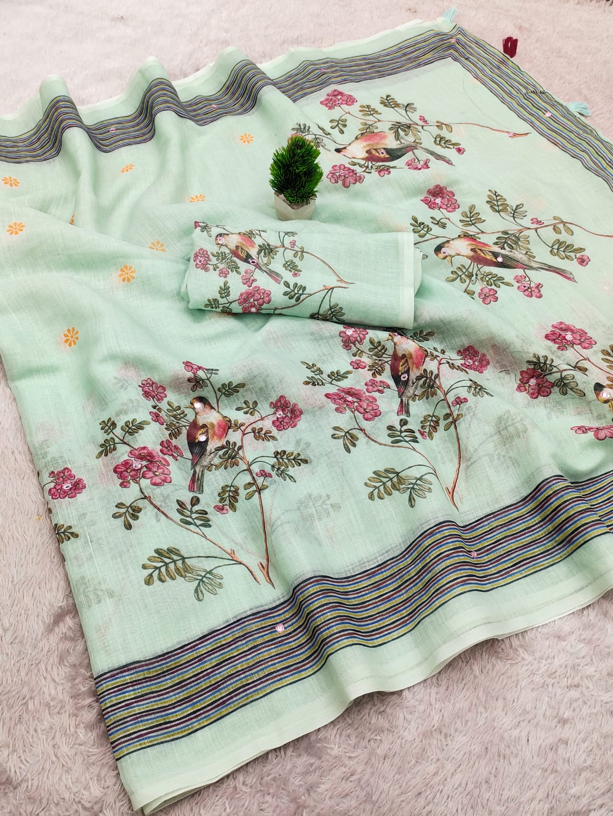 Mint Green Linen Cotton Digital Printed Saree with Mirror Work!!