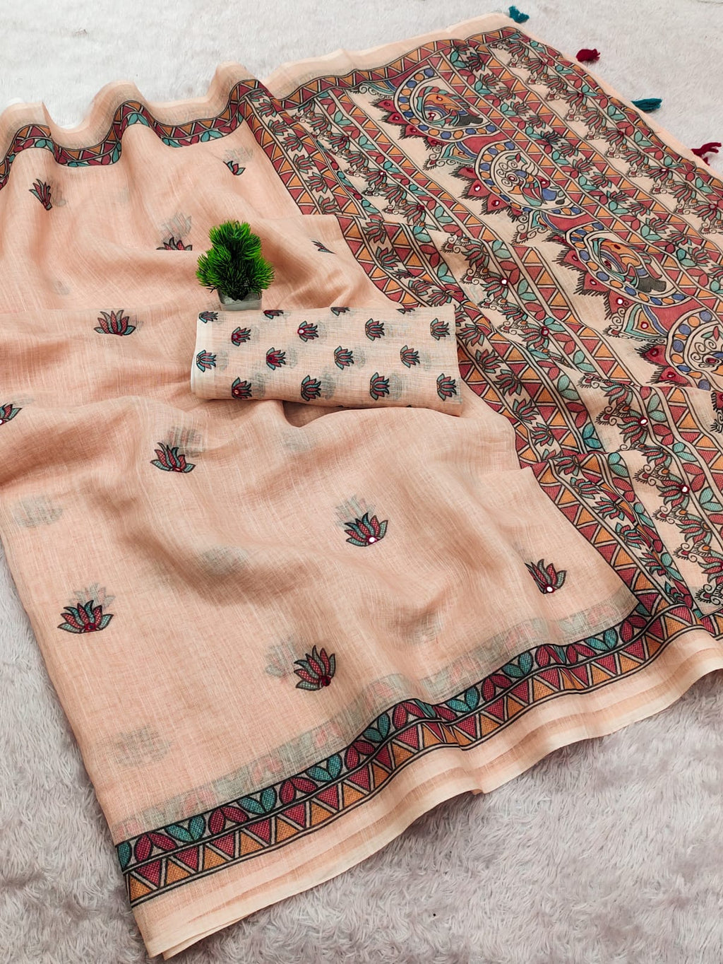 Soft Linen Cotton Saree with Beautiful Madhubani Art Pallu & Sparkling Mirror Work