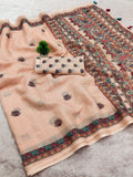 Soft Linen Cotton Saree with Beautiful Madhubani Art Pallu & Sparkling Mirror Work