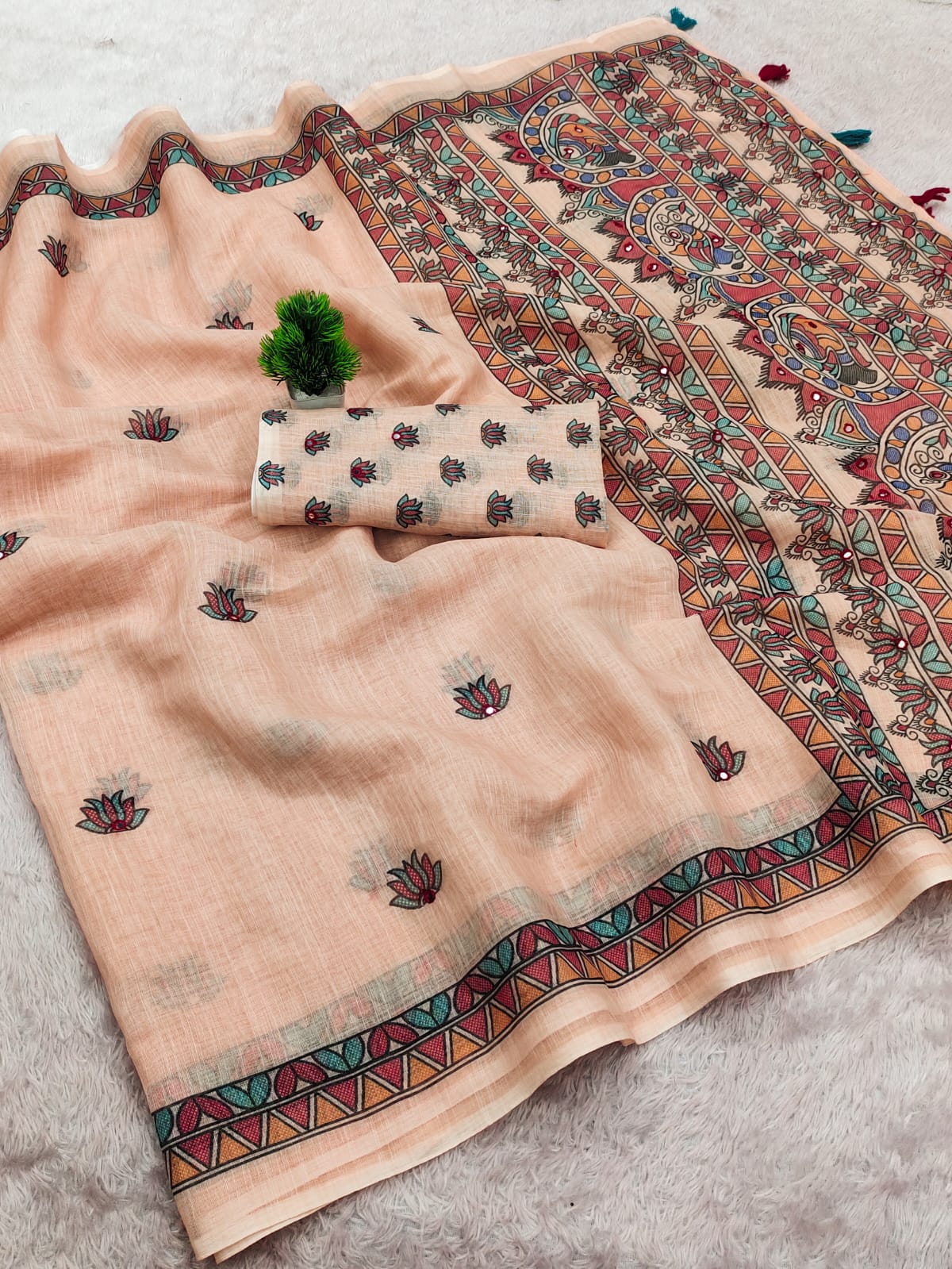 Soft Linen Cotton Saree with Beautiful Madhubani Art Pallu & Sparkling Mirror Work