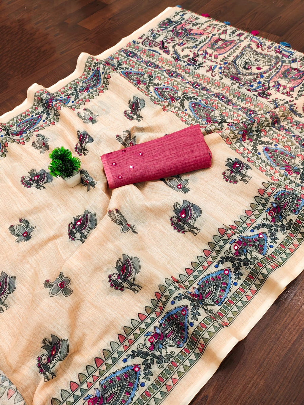 Soft Linen Cotton Saree in Beige featuring Royal Madhubani Artistry & Magenta Pink Blouse