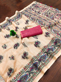 Soft Linen Cotton Saree in Beige featuring Royal Madhubani Artistry & Magenta Pink Blouse