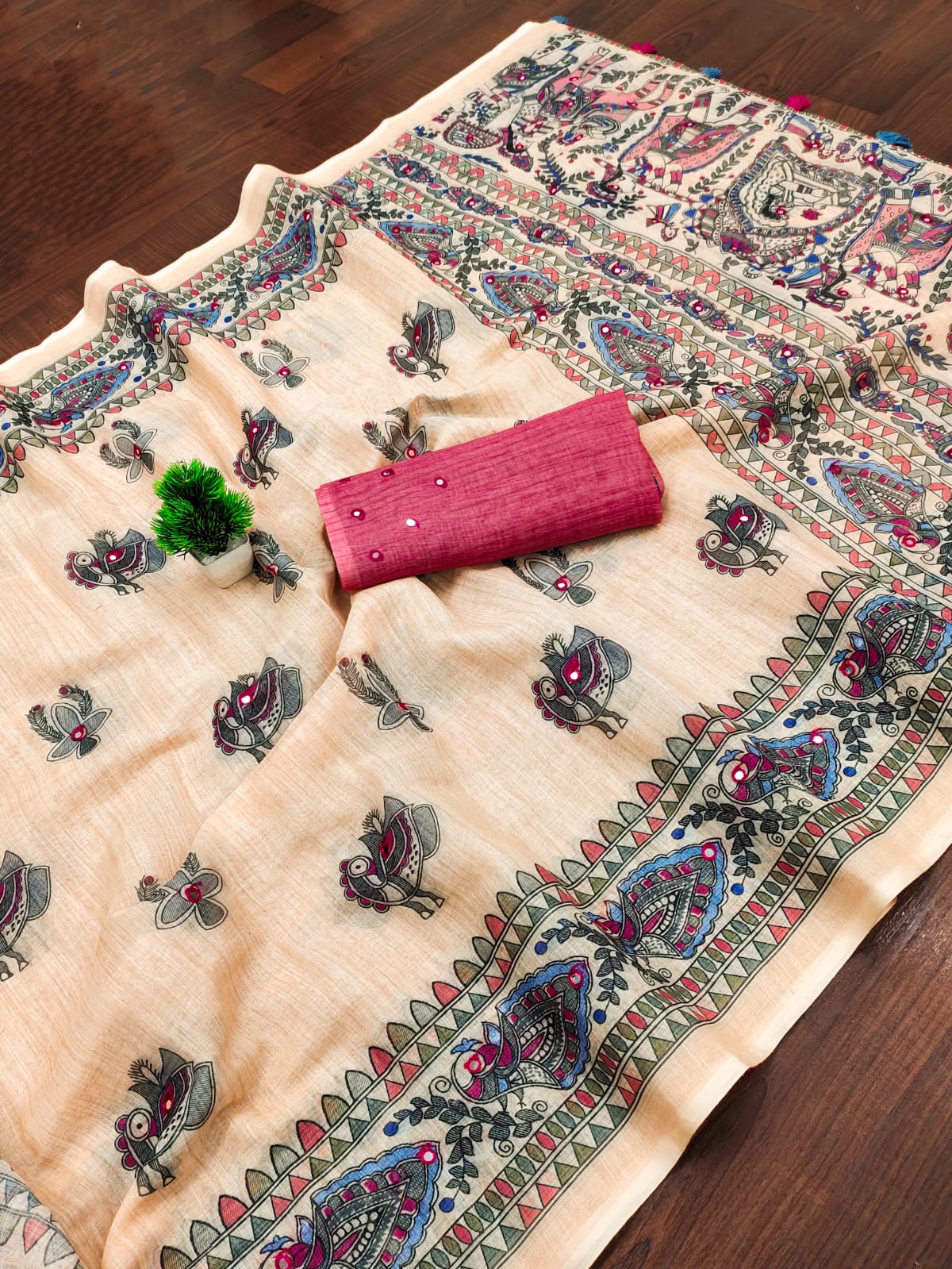 Soft Linen Cotton Saree in Beige featuring Royal Madhubani Artistry & Magenta Pink Blouse