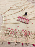 Cream Floral Mirror Work Digital Print Saree for Festive & Party Wear