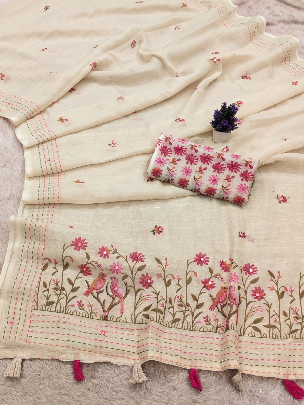Cream Floral Mirror Work Digital Print Saree for Festive & Party Wear