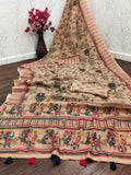 Handcrafted Heritage: Earthy Beige Folk Art Saree with Mirror Work