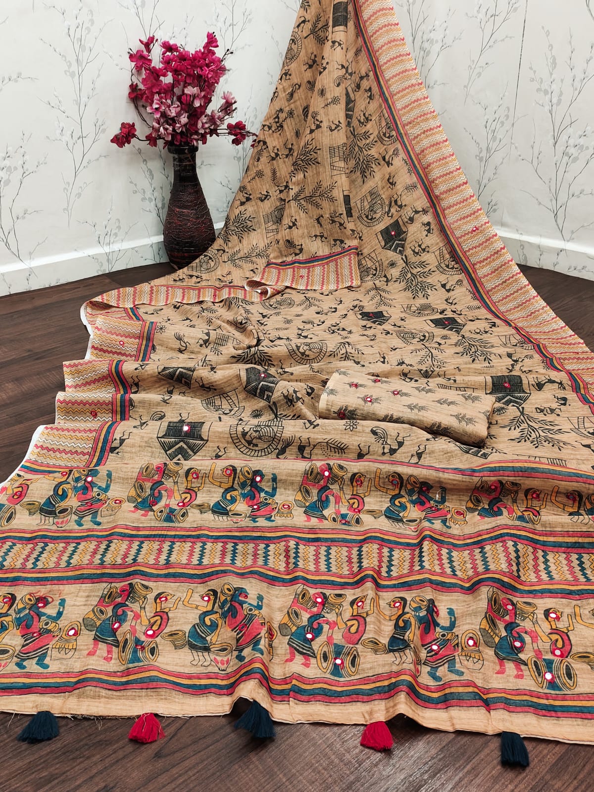 Handcrafted Heritage: Earthy Beige Folk Art Saree with Mirror Work