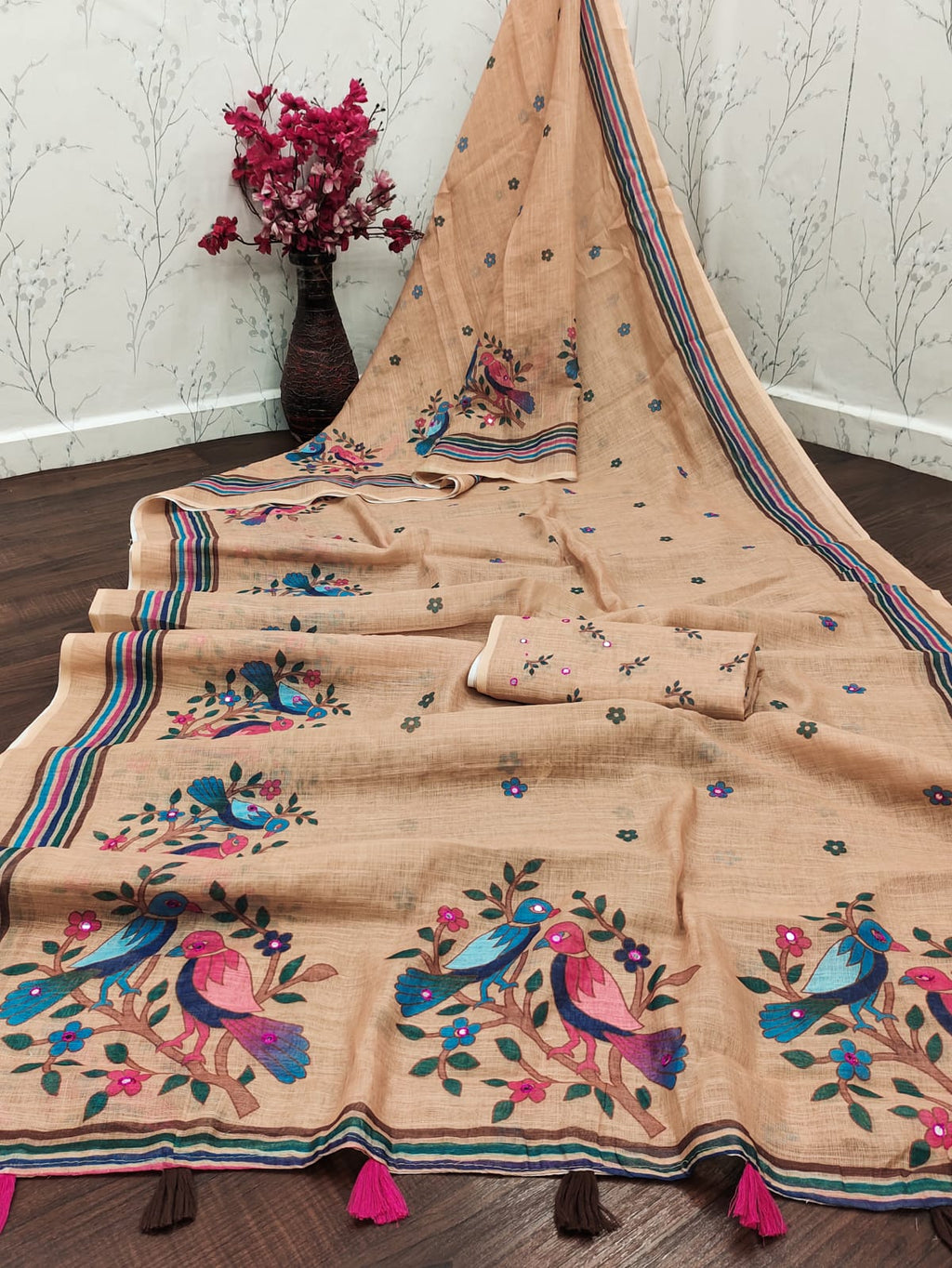 Women's Premium Peach Cotton-Linen Saree – Beautiful Heritage Bird & Floral Art