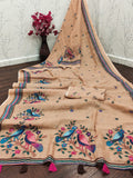Women's Premium Peach Cotton-Linen Saree – Beautiful Heritage Bird & Floral Art