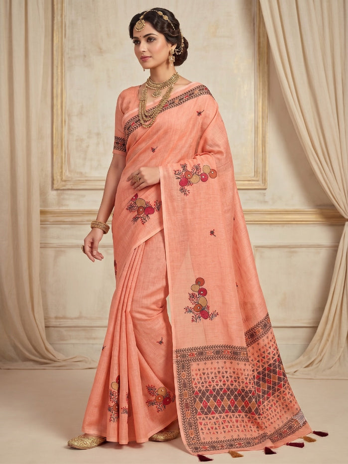 Premium Cotton Linen Saree with Geometric Pallu & Floral Bootis