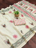traditional Off-White Linen Saree with Ethnic Bird Print & Tassels