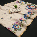 Elegant Beige Linen Cotton Saree with Vibrant Digital Floral Print and Real Mirror Work