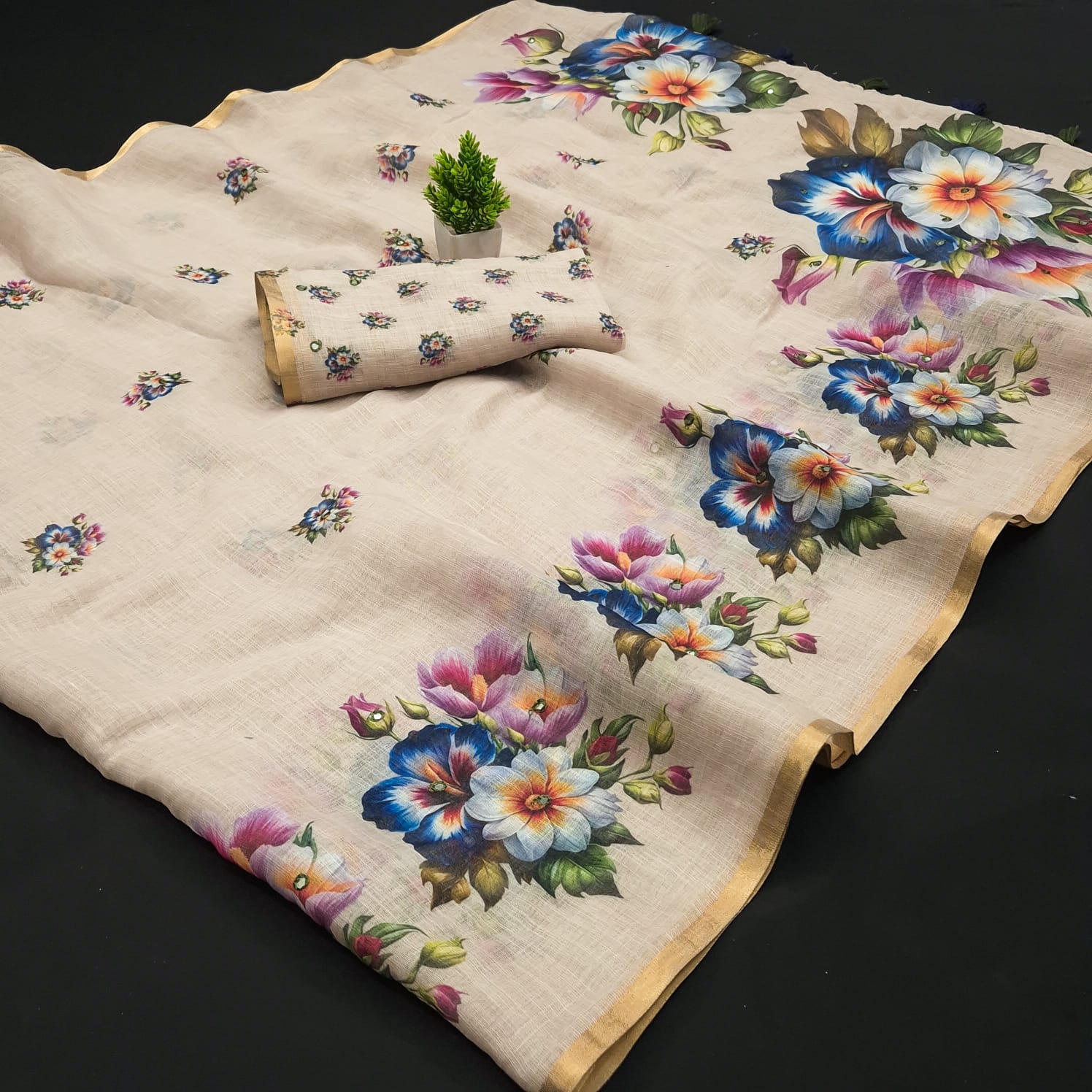 Elegant Beige Linen Cotton Saree with Vibrant Digital Floral Print and Real Mirror Work