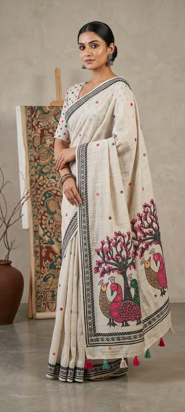 Madhubani Magic: Peacock Art Linen Cotton Saree
