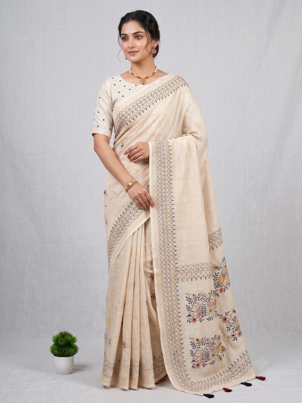 ✨Pure Grace: Off-White Linen-Cotton Saree with Traditional Madhubani-Inspired Digital Prints