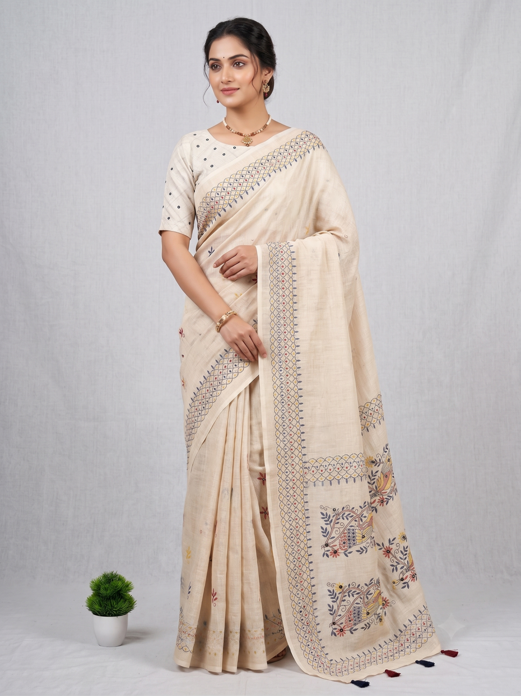 ✨Pure Grace: Off-White Linen-Cotton Saree with Traditional Madhubani-Inspired Digital Prints